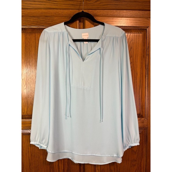 Chicos M/8 Sz 1 Layered Tie-Front Powder Blue Popover Blouse Peasant Long Sleeve - Picture 5 of 14